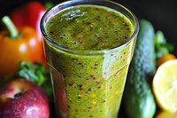 Fresh green smoothie with fruits and vegetables in glass, surrounded by raw ingredients including apple, cucumber, bell pepper and citrus for healthy diet.