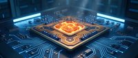 Futuristic computer processor chip with glowing orange core on circuit board with blue LED lights and electronic pathways for technology concepts.