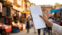 Hand holding blank white paper in busy street market with blurred crowd and colorful storefronts, suitable for advertising, promotional campaigns, and marketing mockups.