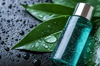 Natural skincare serum bottle with water droplets on fresh green leaves against dark stone surface for spa and wellness cosmetic products.