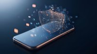 Digital shield emerging from smartphone screen with glowing particles and network symbols, representing cybersecurity and mobile data protection on dark background.