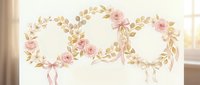 Elegant floral wreaths with pink roses and golden leaves connected by ribbons, perfect for wedding invitations, romantic designs and feminine branding projects.
