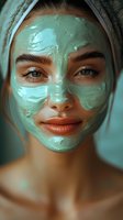 Young woman with green clay mask on face during spa treatment, close up portrait with focus on bright eyes and natural makeup in turquoise tones.
