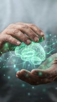 Hands holding glowing green brain hologram with neural connections and particles, representing artificial intelligence, machine learning, innovation, and digital technology concepts for business applications.