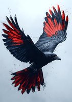 Flying black raven with red-tipped wings spread against light background, artistic splash effect creates dramatic contrast between dark feathers and crimson highlights.