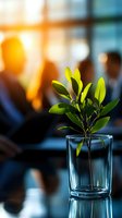 Green plant sprout in glass of water on office desk with blurred business people and sunset light through windows in background. Symbolizes growth and success.