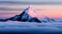 Majestic snow-capped mountain peak rising above clouds during pink sunset alpenglow, dramatic alpine landscape with ethereal mist and twilight sky colors.