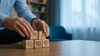 Businessman arranging wooden blocks with environmental icons on desk in modern office setting for sustainable business strategy and eco-friendly planning.