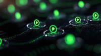 Glowing green play button icons connected by digital network lines on dark background, representing streaming media or digital content distribution.
