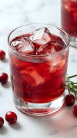 Cranberry cocktail with ice cubes in a glass, fresh cranberries and rosemary on marble surface, festive holiday drink concept.