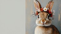 Adorable brown bunny wearing floral crown with white daisies and red flowers against gray background. Close up portrait of domestic rabbit with spring wreath.