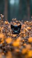 Black fox with bright blue eyes hiding among golden autumn foliage in forest setting with shallow depth of field creating dreamy bokeh background.