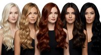Five women showcasing different hair colors from blonde to black with long wavy hairstyles for beauty salon and hair care concepts.