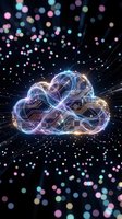 Glowing neon cloud with circuit board patterns and flowing light streams on dark background with colorful bokeh particles, representing cloud computing and digital technology infrastructure.
