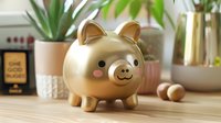 Golden piggy bank with cute kawaii face on wooden table with houseplants and home decor in background, financial savings concept for children.