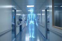 Glowing blue holographic skeleton standing in hospital corridor, medical visualization showing detailed bone structure against modern clinical background.