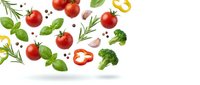 Fresh vegetables and herbs floating on white background with cherry tomatoes, bell peppers, broccoli, garlic and basil leaves for healthy cooking.