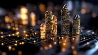 Glowing miniature cityscape with illuminated skyscrapers on circuit board background creates futuristic urban technology concept with bokeh light effects.