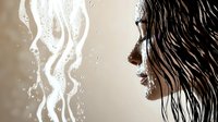 Young Asian woman profile with wet hair and water drops, dramatic lighting against beige background creates mysterious atmospheric portrait.