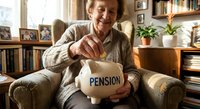 Senior Caucasian man in cardigan sitting in cozy living room putting coin into white piggy bank labeled pension for retirement savings planning.
