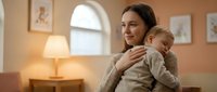 Young mother holding sleeping baby in cozy living room with warm lighting and home decor creating peaceful bonding moment between parent and child.