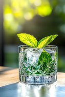 Crystal glass with ice cubes and fresh mint leaves on wooden table, sunlit background with bokeh effect. Refreshing summer drink presentation.