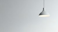 Minimalist gray pendant lamp illuminated against plain wall background, modern interior lighting design element with clean lines and simple form.