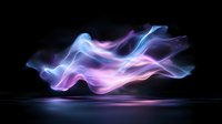 Ethereal glowing smoke waves in blue and pink colors floating over reflective surface against black background. Abstract light painting effect creates mystical atmosphere.