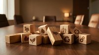 Wooden blocks with environmental and sustainability icons arranged on a table, representing eco-friendly business concepts and green energy solutions for corporate presentations.
