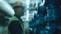 Asian male industrial worker in hard hat and safety vest inspecting pipeline system in dark manufacturing facility with dramatic blue lighting and bokeh effects.