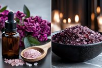 Essential oil bottle with pink carnations and sea salt crystals on wooden surface. Spa aromatherapy wellness relaxation natural skincare treatment setup.