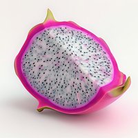 Fresh dragon fruit half showing white flesh with black seeds on pink background for healthy eating and tropical cuisine concepts.