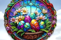 Colorful stained glass panel featuring decorated Easter eggs in woven basket with daisies and green foliage, framed by ornate border in vibrant rainbow hues.