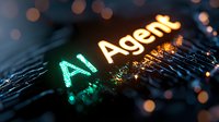 Glowing AI Agent text on dark background with bokeh lights and digital circuit pattern, representing artificial intelligence and machine learning technology.