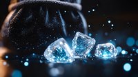 Glowing ice cubes with blue light effects and water drops on dark background create magical atmosphere for beverage and cocktail photography.