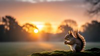 Gray squirrel sitting on mossy log during golden hour sunrise in peaceful park setting with warm orange sky and silhouetted trees creating serene wildlife moment.