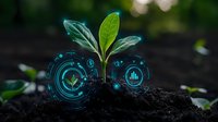 Young green seedling growing in fertile soil with futuristic digital interface overlay showing plant growth analytics and environmental monitoring data.