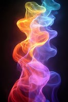 Vibrant multicolored smoke swirls creating abstract flowing patterns against dark background, transitioning from warm orange to cool blue tones in ethereal dance.