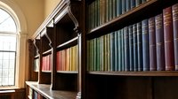 Elegant wooden library shelves filled with colorful vintage books in classic academic setting with natural window light for educational content.