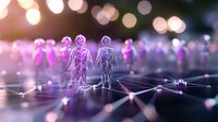 Glowing purple wireframe figures holding hands on digital network surface with bokeh light effects in background, representing human connection and technology.