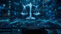 Digital justice scales glowing with blue light over network grid representing legal technology, law firm services, and modern jurisprudence concepts.