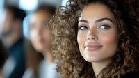 Young African American woman with natural curly hair and radiant smile looking up with confidence and optimism against blurred background, expressing joy and success.