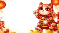 Adorable maneki neko lucky cat with red and gold patterns waving paw surrounded by festive lanterns and decorations for prosperity celebrations.