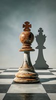 Wooden chess pawn with king's shadow on chessboard, symbolizing ambition, strategy, and hidden potential in business and leadership.