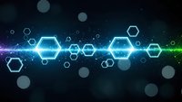 Futuristic hexagonal network with glowing blue and green light effects on dark background for technology and digital innovation concepts.