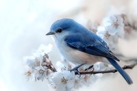 Small blue bird perched on snowy winter branch with delicate white blossoms, soft bokeh background creates dreamy nature atmosphere.