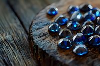 Blue sapphire gemstones scattered on rustic wooden surface with natural grain texture, creating luxury jewelry concept with deep color and sparkle in macro photography.