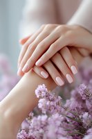 Female hands with light pink manicure resting on arm near blooming lavender flowers, creating soft feminine spa composition.
