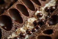 Dark and white chocolate bar with crispy balls macro shot showing texture details and layers. Sweet dessert background for confectionery and candy packaging design.