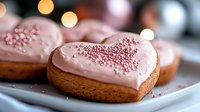 Heart shaped sugar cookie with pink frosting and sprinkles on blurred festive background. Sweet Valentine's Day treat with romantic holiday bokeh lights.